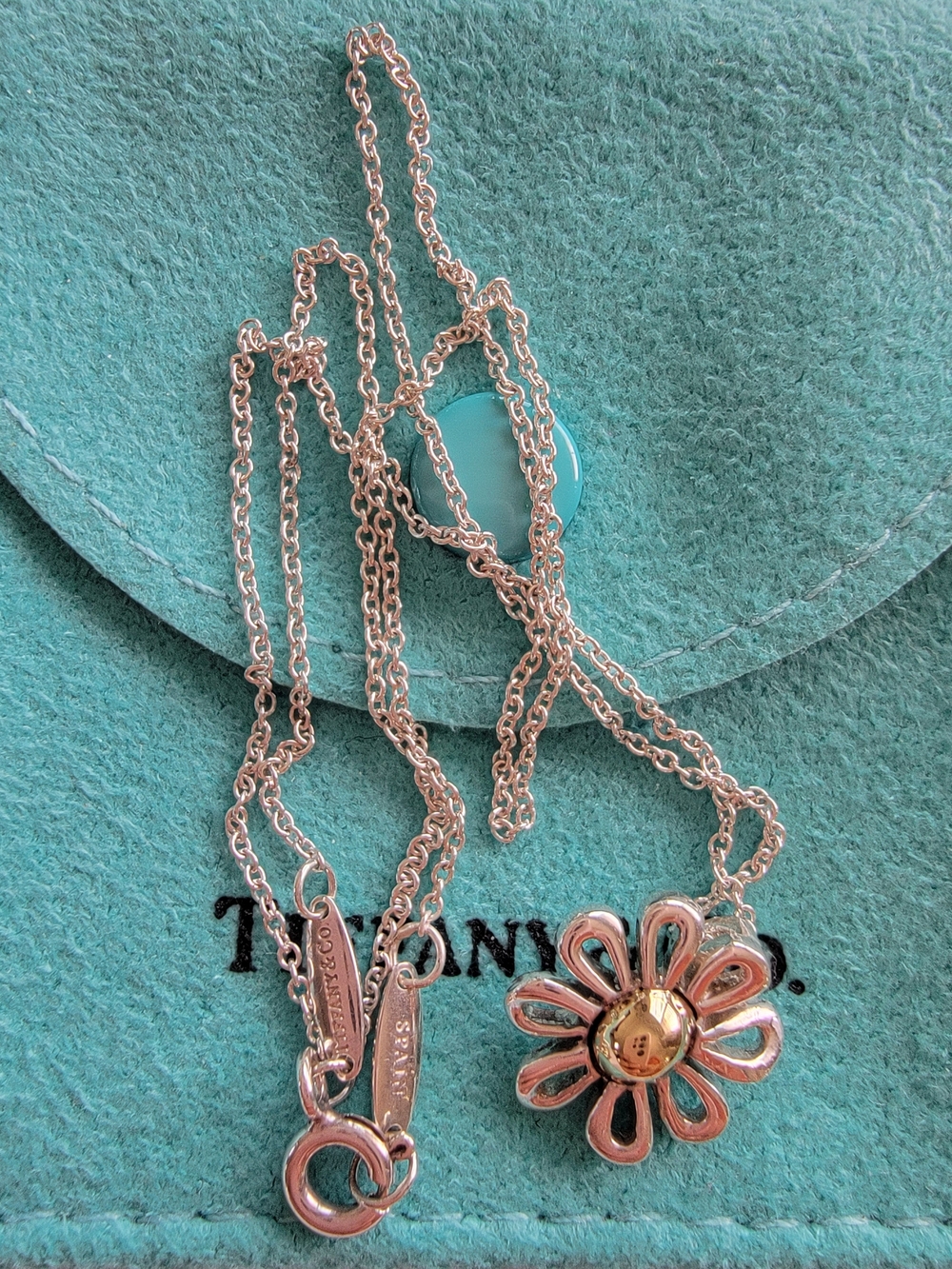 Tiffany & Co. Sterlin Silver and Gold Daisy Pendant Necklace in Pink 16 In.